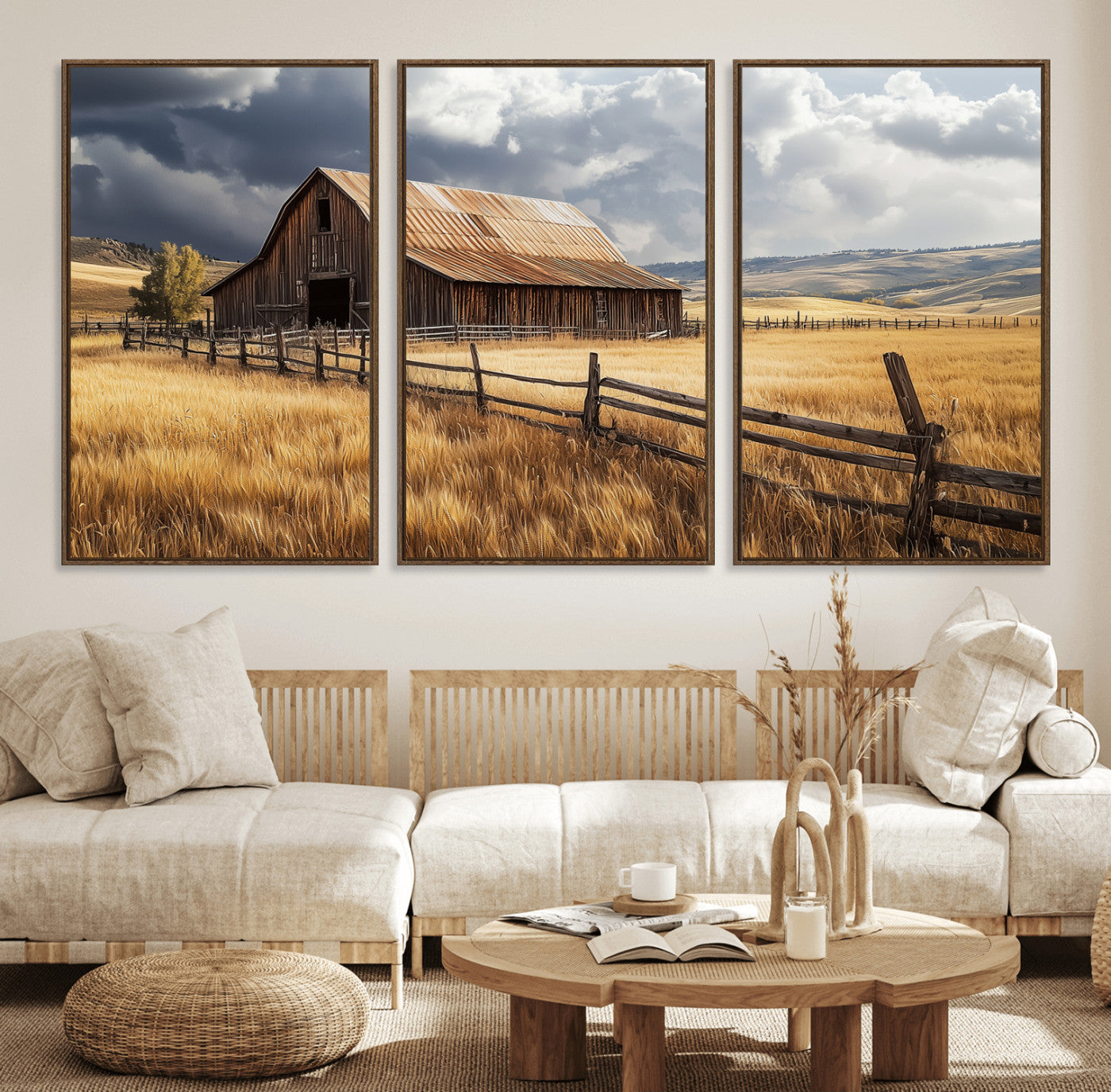 38758826-MGV-FC-60X30-3P_Walnut-Rustic Barn Wall Art Canvas Print, Framed Moody Barn Art Picture Print, Golden Field Perfect Rustic Farmhouse Decor Artwork