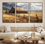 38758826-MGV-FC-60X30-3P_Walnut-Rustic Barn Wall Art Canvas Print, Framed Moody Barn Art Picture Print, Golden Field Perfect Rustic Farmhouse Decor Artwork