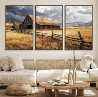 38758826-MGV-FC-60X30-3P_Walnut-Rustic Barn Wall Art Canvas Print, Framed Moody Barn Art Picture Print, Golden Field Perfect Rustic Farmhouse Decor Artwork