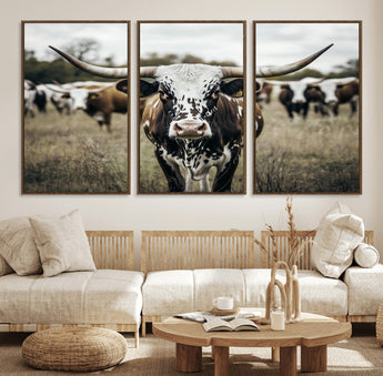 79025945-MGV-CV-36X24-Texas Longhorn Wall Art Canvas Print, Framed Speckled Cow Art Picture Print, Horned Cattle Perfect Rustic Western Decor Artwork