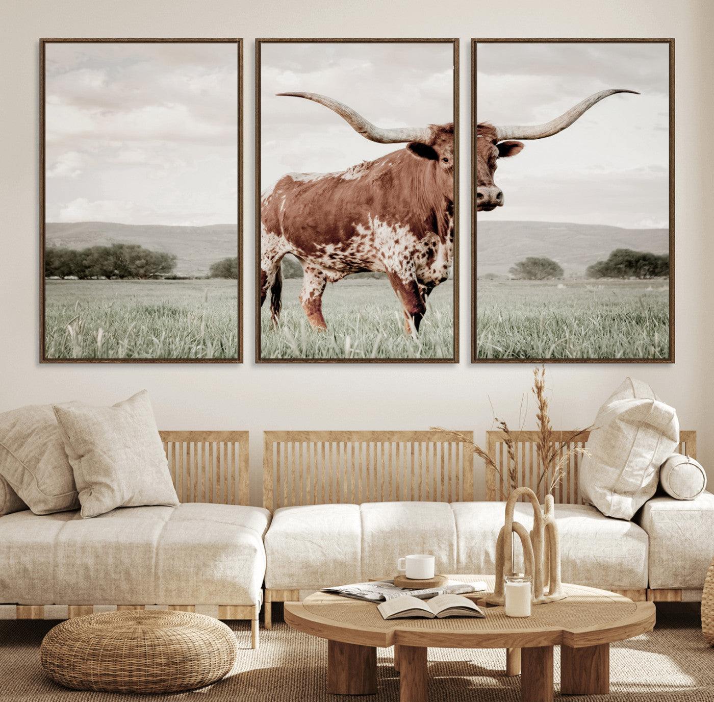 28309012-MGV-FC-60X30-3P_Walnut-Texas Longhorn Wall Art Canvas Print, Framed Spotted Cattle Art Picture Print, Horned Bull Perfect Rustic Western Decor Artwork