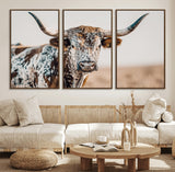 70414966-MGV-FC-60X30-3P_Walnut-Texas Longhorn Wall Art Canvas Print, Framed Speckled Cow Art Picture Print, Horned Bull Perfect Rustic Western Decor Artwork