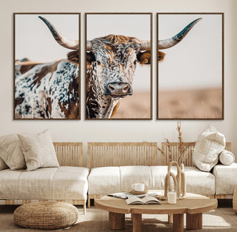 70414966-MGV-FC-60X30-3P_Walnut-Texas Longhorn Wall Art Canvas Print, Framed Speckled Cow Art Picture Print, Horned Bull Perfect Rustic Western Decor Artwork