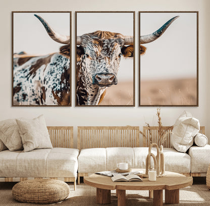 70414966-MGV-FC-60X30-3P_Walnut-Texas Longhorn Wall Art Canvas Print, Framed Speckled Cow Art Picture Print, Horned Bull Perfect Rustic Western Decor Artwork