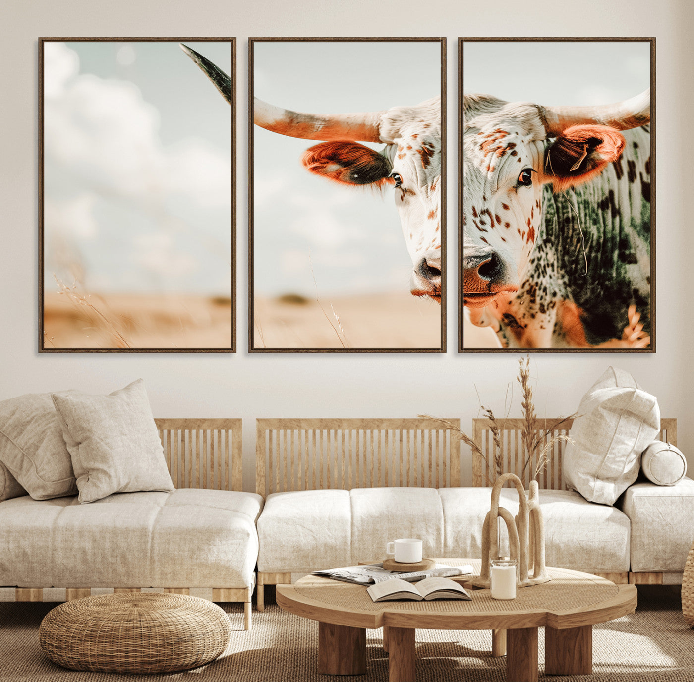 72766375-MGV-FC-60X30-3P_Walnut-Texas Longhorn Wall Art Canvas Print, Framed Spotted Cow Art Picture Print, Horned Cattle Perfect Rustic Western Decor Artwork