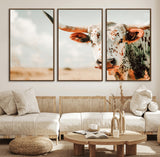 72766375-MGV-FC-60X30-3P_Walnut-Texas Longhorn Wall Art Canvas Print, Framed Spotted Cow Art Picture Print, Horned Cattle Perfect Rustic Western Decor Artwork
