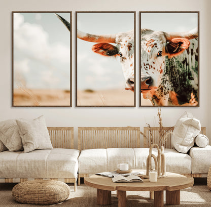 72766375-MGV-FC-60X30-3P_Walnut-Texas Longhorn Wall Art Canvas Print, Framed Spotted Cow Art Picture Print, Horned Cattle Perfect Rustic Western Decor Artwork