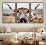 76294381-MGV-FC-60X30-3P_Walnut-Texas Longhorn Wall Art Canvas Print, Framed Spotted Cow Art Picture Print, Horned Cattle Perfect Rustic Western Decor Artwork