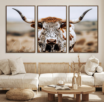 76294381-MGV-FC-60X30-3P_Walnut-Texas Longhorn Wall Art Canvas Print, Framed Spotted Cow Art Picture Print, Horned Cattle Perfect Rustic Western Decor Artwork