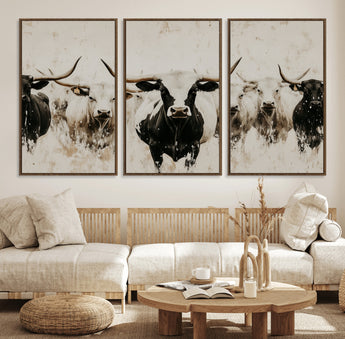 12027562-MGV-CV-36X24-Longhorn Cattle Wall Art Canvas Print, Framed Bison Herd Art Picture Print, Cattle Group Perfect Rustic Farmhouse Decor Artwork
