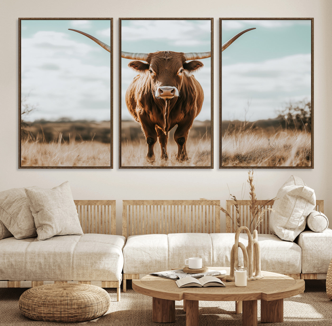 39350715-MGV-FC-60X30-3P_Walnut-Texas Longhorn Wall Art Canvas Print, Framed Longhorn Cow Art Picture Print, Western Cattle Perfect Rustic Western Decor Artwork