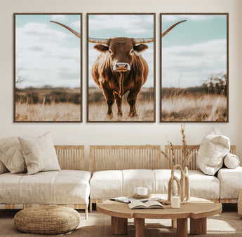 39350715-MGV-FC-60X30-3P_Walnut-Texas Longhorn Wall Art Canvas Print, Framed Longhorn Cow Art Picture Print, Western Cattle Perfect Rustic Western Decor Artwork