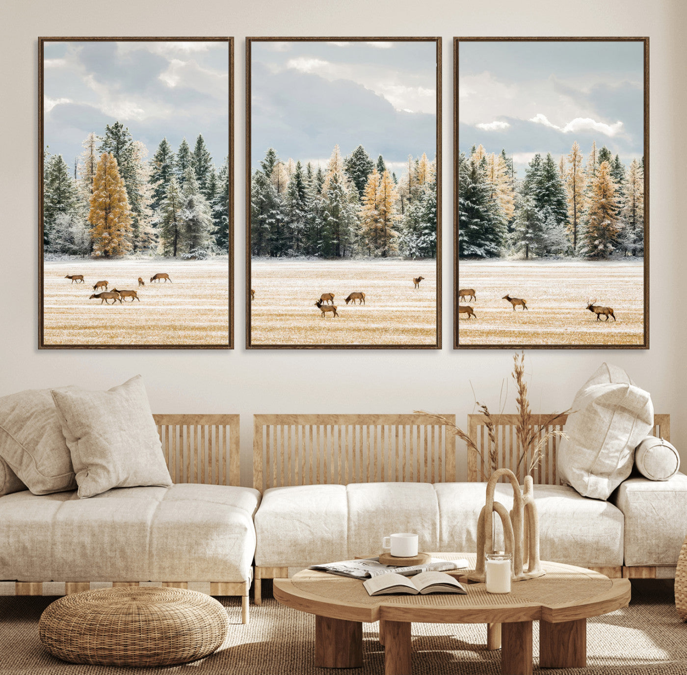 64188182-MGV-FC-60X30-3P_Walnut-Elk Herd Wall Art Canvas Print, Framed Snowy Forest Art Picture Print, Forest Elks Perfect Neutral Rustic Decor Artwork