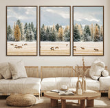64188182-MGV-FC-60X30-3P_Walnut-Elk Herd Wall Art Canvas Print, Framed Snowy Forest Art Picture Print, Forest Elks Perfect Neutral Rustic Decor Artwork