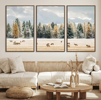64188182-MGV-FC-60X30-3P_Walnut-Elk Herd Wall Art Canvas Print, Framed Snowy Forest Art Picture Print, Forest Elks Perfect Neutral Rustic Decor Artwork