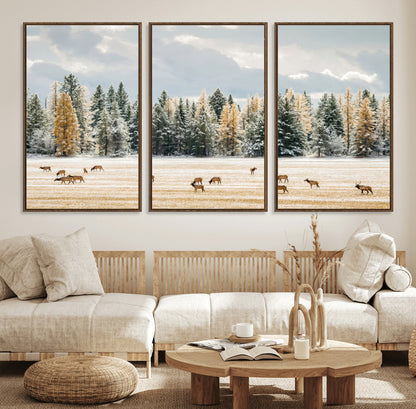 64188182-MGV-FC-60X30-3P_Walnut-Elk Herd Wall Art Canvas Print, Framed Snowy Forest Art Picture Print, Forest Elks Perfect Neutral Rustic Decor Artwork