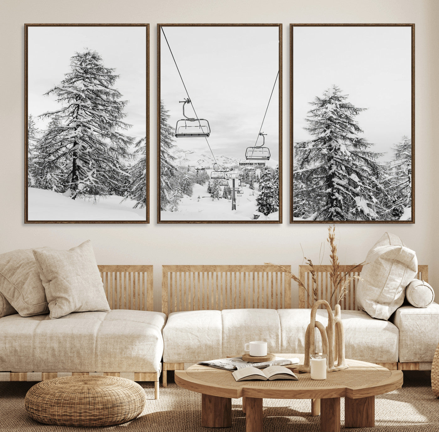 55003599-MGV-FC-60X30-3P_Walnut-Snowy Ski Lift Wall Art Canvas Print, Framed Winter Forest Art Picture Print, Ski lift Ride Perfect Winter Lodge Decor Artwork
