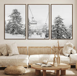 55003599-MGV-FC-60X30-3P_Walnut-Snowy Ski Lift Wall Art Canvas Print, Framed Winter Forest Art Picture Print, Ski lift Ride Perfect Winter Lodge Decor Artwork