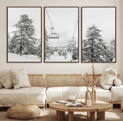 55003599-MGV-FC-60X30-3P_Walnut-Snowy Ski Lift Wall Art Canvas Print, Framed Winter Forest Art Picture Print, Ski lift Ride Perfect Winter Lodge Decor Artwork