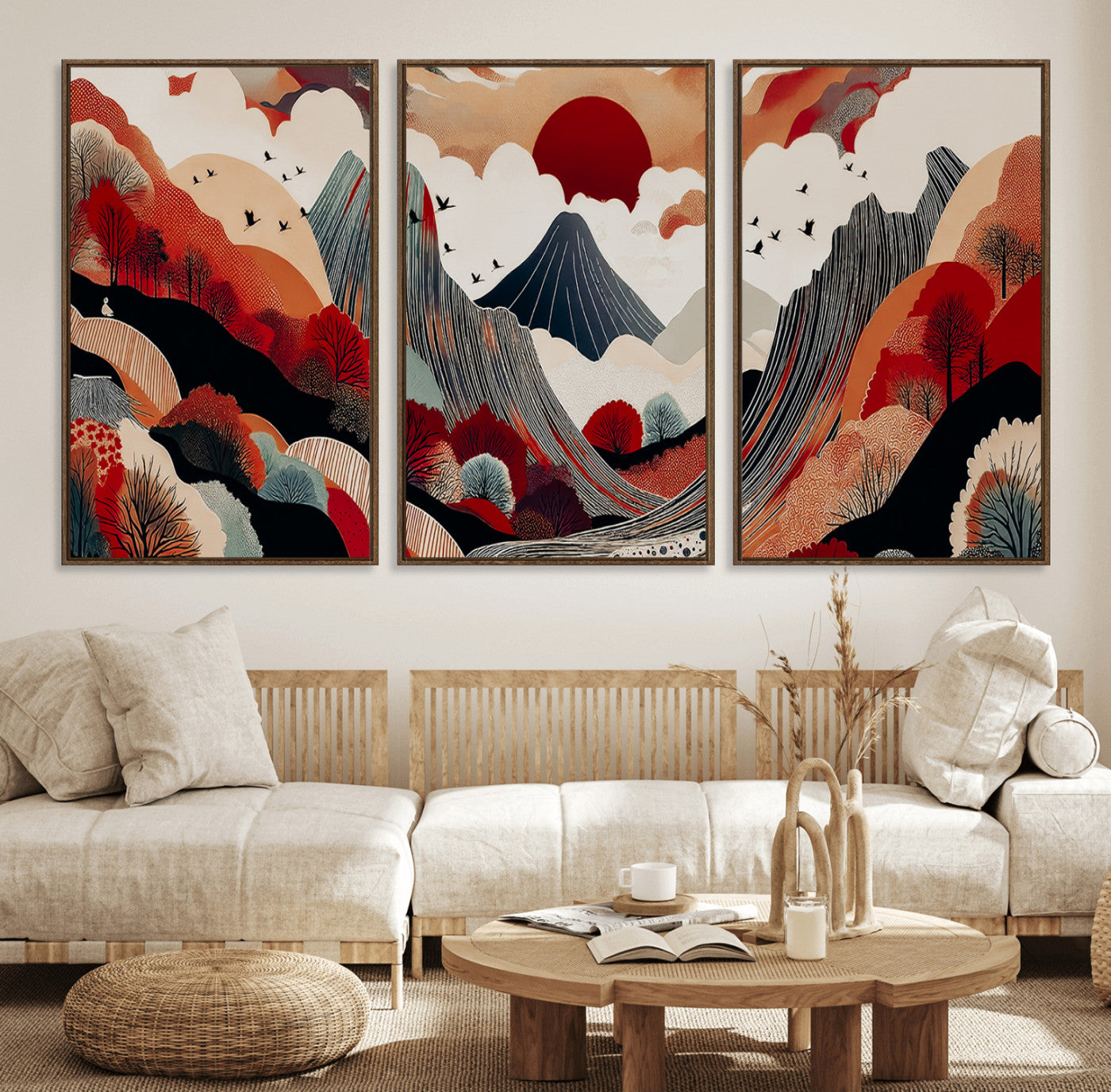 59495752-MGV-FC-60X30-3P_Walnut-Abstract Mountain Wall Art Canvas Print, Framed Vibrant Landscape Art Picture Print, Nature Drawing Perfect Contemporary