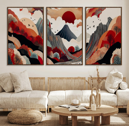 59495752-MGV-FC-60X30-3P_Walnut-Abstract Mountain Wall Art Canvas Print, Framed Vibrant Landscape Art Picture Print, Nature Drawing Perfect Contemporary