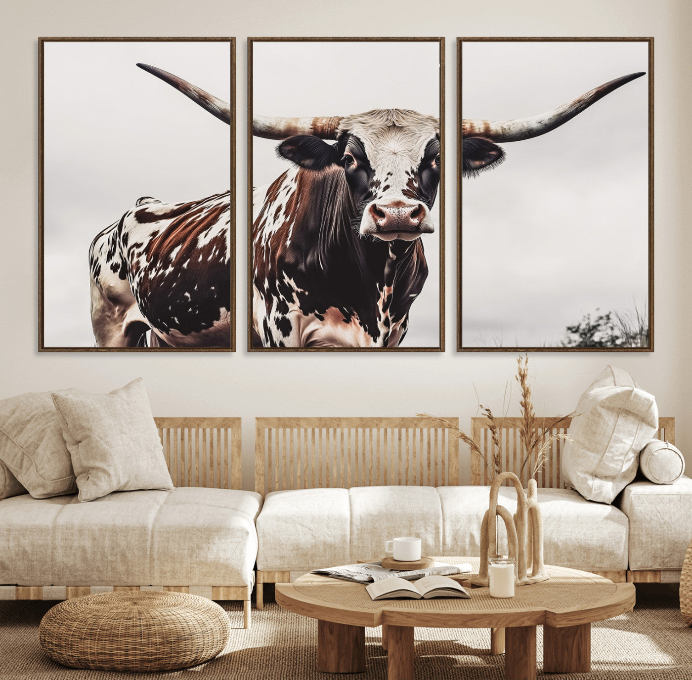 95249234-MGV-FC-60X30-3P_Walnut-Texas Longhorn Wall Art Canvas Print, Framed Spotted Bull Art Picture Print, Horned Cattle Perfect Rustic Farmhouse Decor Artwork