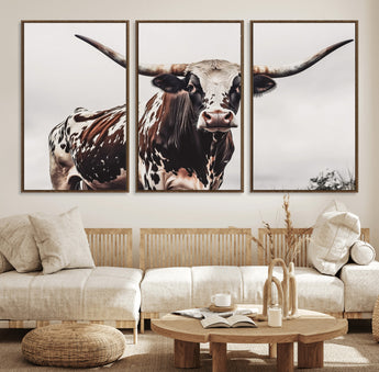 95249234-MGV-FC-60X30-3P_Walnut-Texas Longhorn Wall Art Canvas Print, Framed Spotted Bull Art Picture Print, Horned Cattle Perfect Rustic Farmhouse Decor Artwork