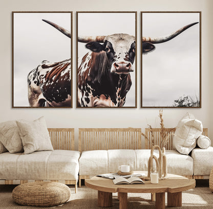 95249234-MGV-FC-60X30-3P_Walnut-Texas Longhorn Wall Art Canvas Print, Framed Spotted Bull Art Picture Print, Horned Cattle Perfect Rustic Farmhouse Decor Artwork