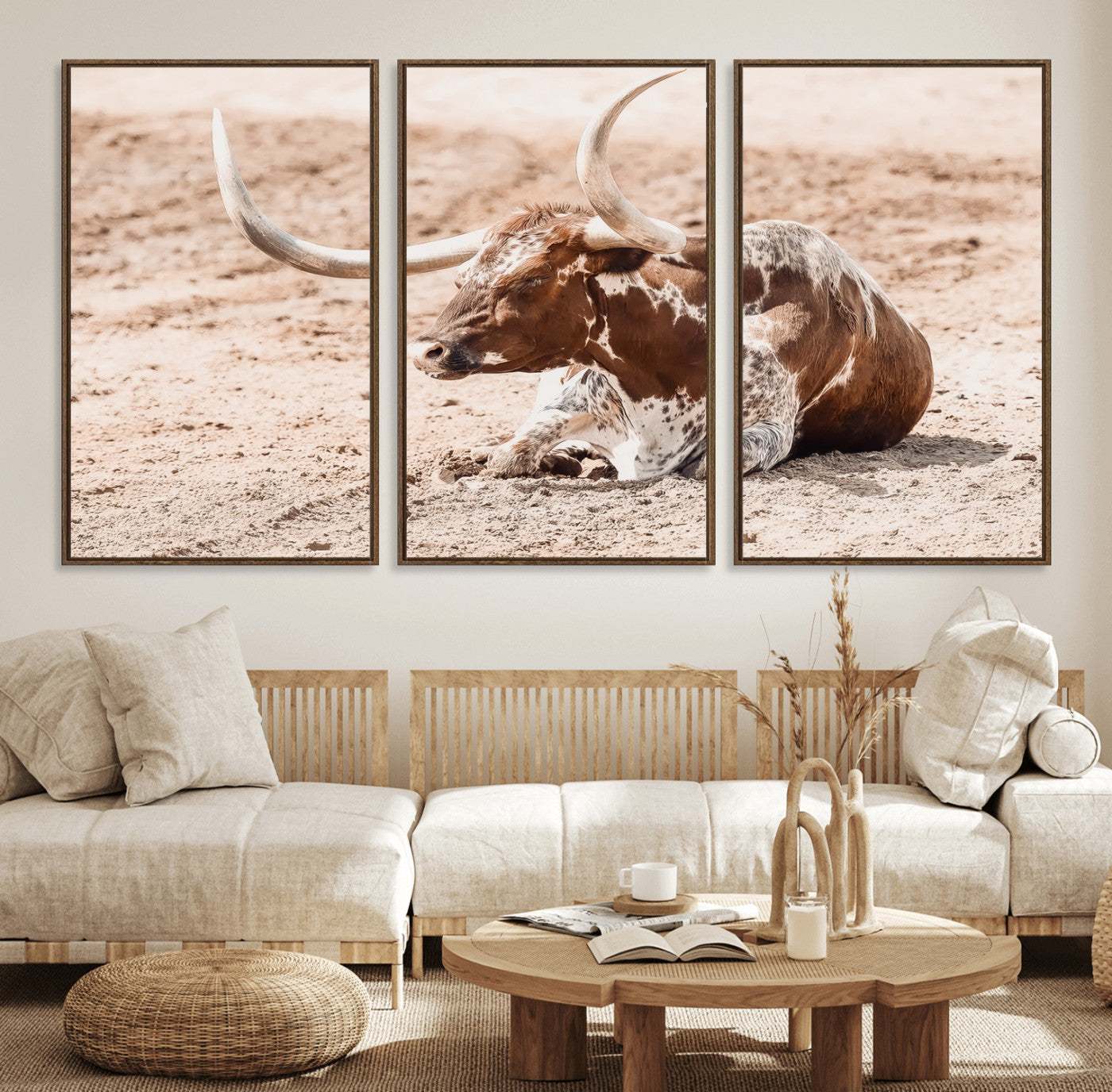 91248682-MGV-FC-60X30-3P_Walnut-Texas Longhorn Wall Art Canvas Print, Framed Resting Bull Art Picture Print, Spotted Cattle Perfect Rustic Western Decor Artwork