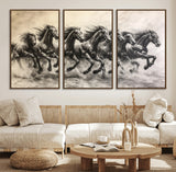 56089591-MGV-FC-60X30-3P_Walnut-Galloping Horses Wall Art Canvas Print, Framed Wild Stallions Art Picture Print, Horse Herd Sketch Perfect Monochrome Dynamic