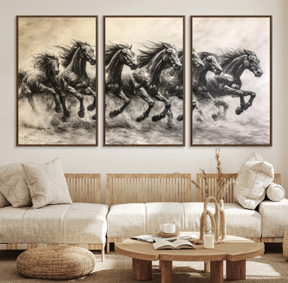 56089591-MGV-FC-60X30-3P_Walnut-Galloping Horses Wall Art Canvas Print, Framed Wild Stallions Art Picture Print, Horse Herd Sketch Perfect Monochrome Dynamic