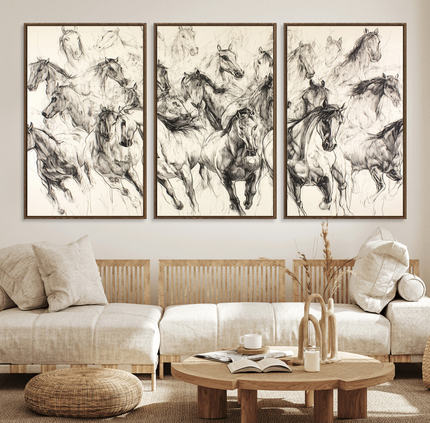 19433417-MGV-FC-60X30-3P_Walnut-Running Horses Wall Art Canvas Print, Framed Horse Sketch Art Picture Print, Galloping Herd Perfect Monochrome Western Decor