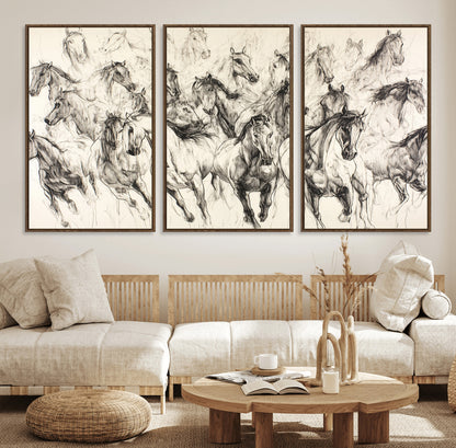 19433417-MGV-FC-60X30-3P_Walnut-Running Horses Wall Art Canvas Print, Framed Horse Sketch Art Picture Print, Galloping Herd Perfect Monochrome Western Decor