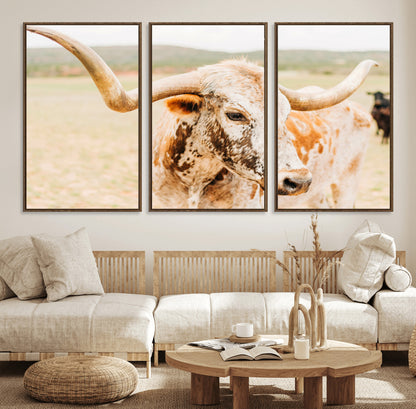 21060648-MGV-FC-60X30-3P_Walnut-Texas Longhorn Wall Art Canvas Print, Framed Speckled Cow Art Picture Print, Rustic Bull Perfect Rustic Western Decor Artwork