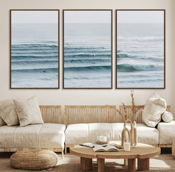 73969318-MGV-CV-36X24-Ocean Waves Wall Art Canvas Print, Framed Surfer Lineup Art Picture Print, Crowded Ocean Perfect Minimal Coastal Decor Artwork
