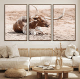 25407592-MGV-CV-36X24-Texas Longhorn Wall Art Canvas Print, Framed Resting Bull Art Picture Print, Spotted Cattle Perfect Rustic Western Decor Artwork