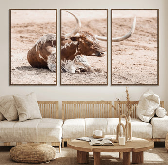 25407592-MGV-CV-36X24-Texas Longhorn Wall Art Canvas Print, Framed Resting Bull Art Picture Print, Spotted Cattle Perfect Rustic Western Decor Artwork