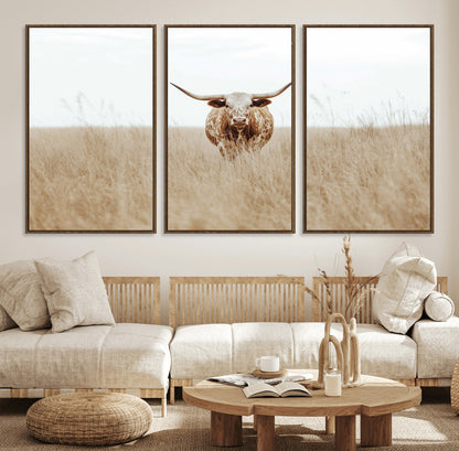 20927060-MGV-CV-36X24-Texas Longhorn Wall Art Canvas Print, Framed Lone Cattle Art Picture Print, Longhorn Bull Perfect Rustic Western Decor Artwork