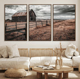 73898372-MGV-CV-36X24-Rustic Barn Wall Art Canvas Print, Framed Moody Field Art Picture Print, Weathered Fence Perfect Moody Farmhouse Decor Artwork