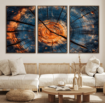 81894502-MGV-FC-60X30-3P_Walnut-Burnt Wood Wall Art Canvas Print, Framed Aged Timber Art Picture Print, Rustic Tree Slice Perfect Rustic Decor Artwork for Home,