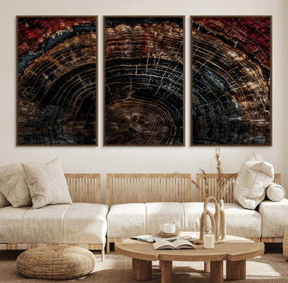 43686762-MGV-FC-60X30-3P_Walnut-Dark Wood Ring Wall Art Canvas Print, Framed Abstract Wood Tree Art Picture Print, Rustic Tree Slice Perfect Rustic Decor Artwork