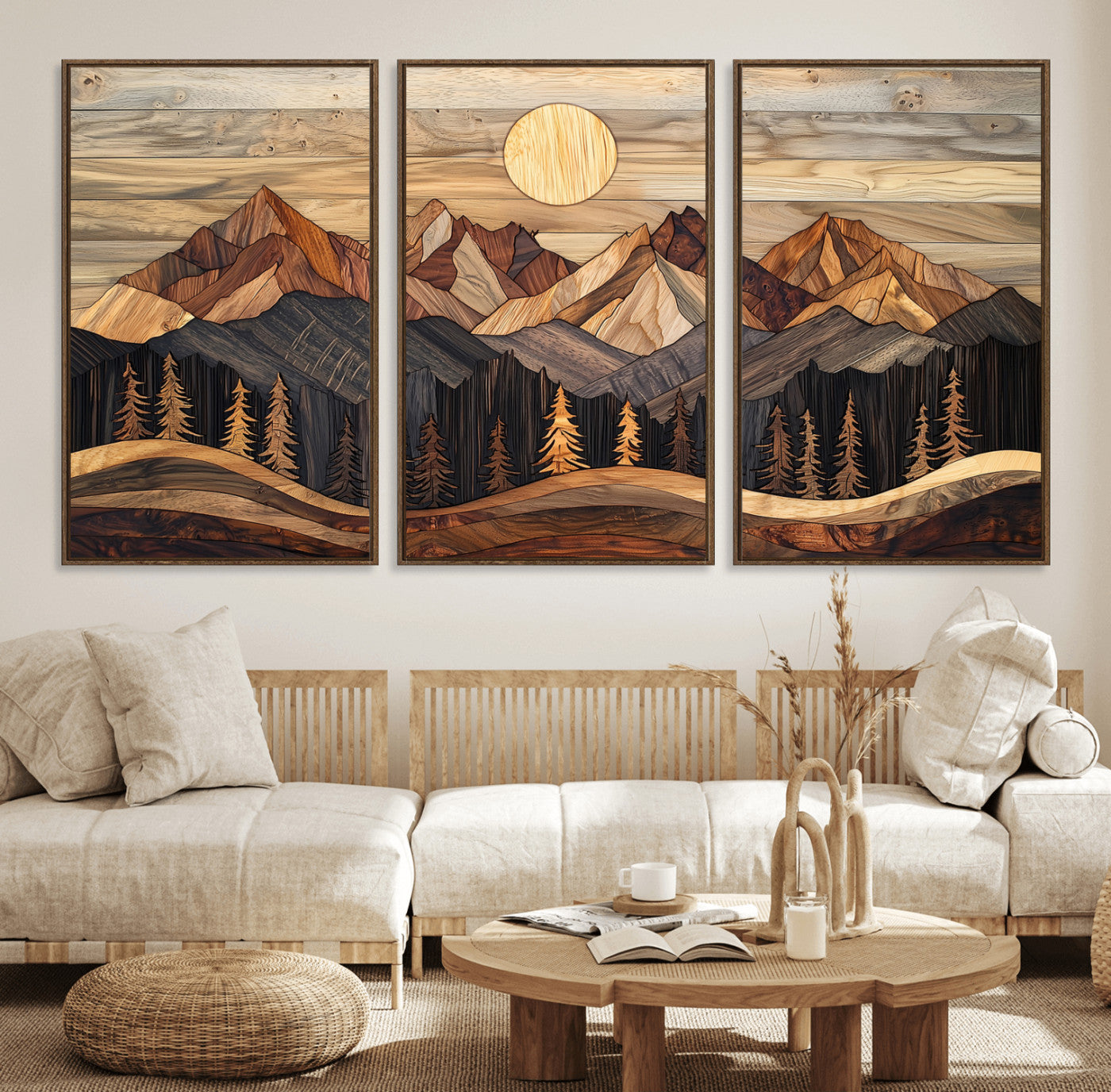 50100230-MGV-FC-60X30-3P_Walnut-Wooden Mountain Wall Art – Rustic Nature Landscape Canvas Print, Handmade Style Sun, Forest, and Peaks Artwork for Living Room,