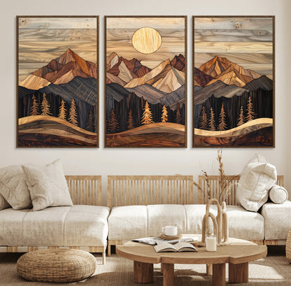 50100230-MGV-FC-60X30-3P_Walnut-Wooden Mountain Wall Art – Rustic Nature Landscape Canvas Print, Handmade Style Sun, Forest, and Peaks Artwork for Living Room,