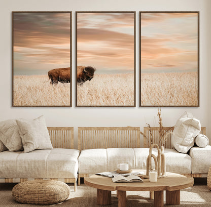87282289-MGV-FC-60X30-3P_Walnut-Bison Wall Art Canvas Print, Framed Buffalo Art Picture Print, Western Prairie Perfect Rustic Decor Artwork