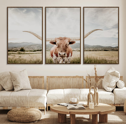 80054319-MGV-CV-36X24-Texas Longhorn Wall Art Canvas Print, Framed Western Cow Art Picture Print, Rustic Farmhouse Perfect Farmhouse Decor Artwork