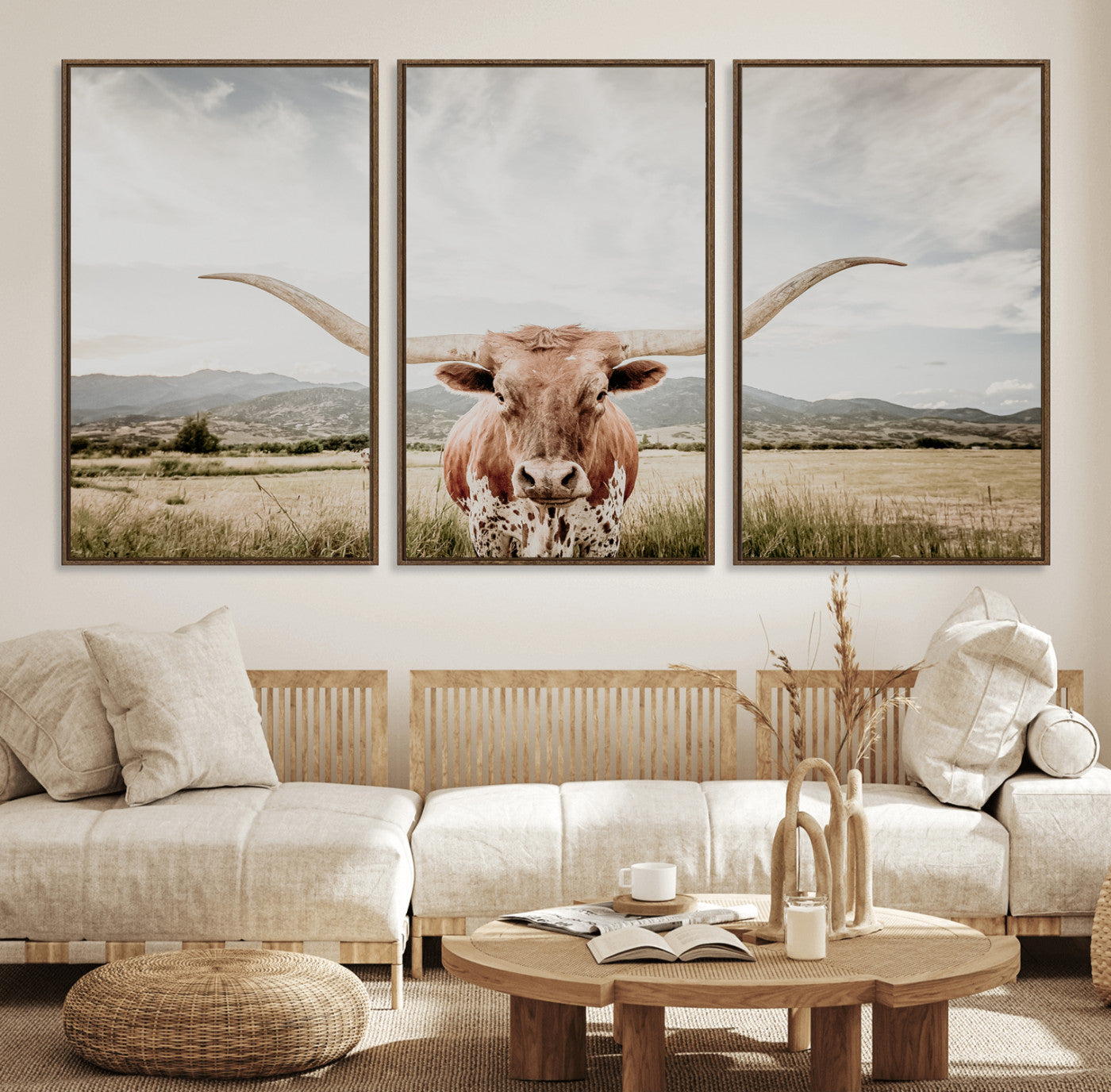 80054319-MGV-FC-60X30-3P_Walnut-Longhorn Wall Art – Rustic Western Canvas Print, Majestic Bull Artwork for Farmhouse, Ranch or Living Room