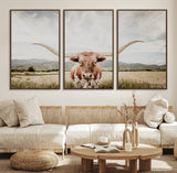 80054319-MGV-FC-60X30-3P_Walnut-Longhorn Wall Art – Rustic Western Canvas Print, Majestic Bull Artwork for Farmhouse, Ranch or Living Room