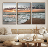 40632752-MGV-FC-60X30-3P_Walnut-Ocean Sunset Wall Art Canvas Print, Framed Beach Waves Art Picture Print, Coastal Scene Perfect Coastal Decor Artwork