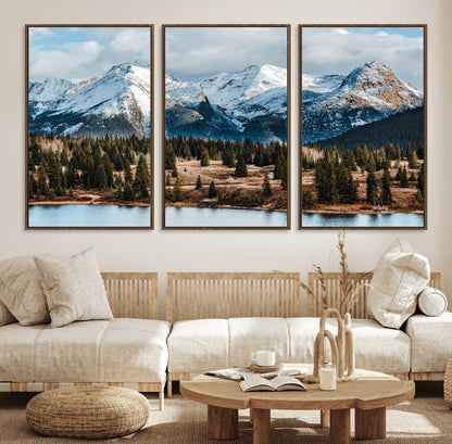 36247746-MGV-FC-60X30-3P_Walnut-Snowy Peaks Wall Art Canvas Print, Framed Alpine Lake Art Picture Print, Pine Forest Perfect Alpine Wilderness Decor Artwork