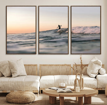 58502923-MGV-FC-60X30-3P_Walnut-Wave Rider Wall Art Canvas Print, Framed Ocean Wave Art Picture Print, Riding Surf Perfect Sunset Surf Decor Artwork